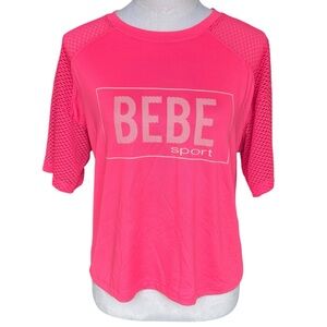 BEBE Sport Neon Pink Mesh Sleeve Top Retro Oversized Stretch Womens Medium